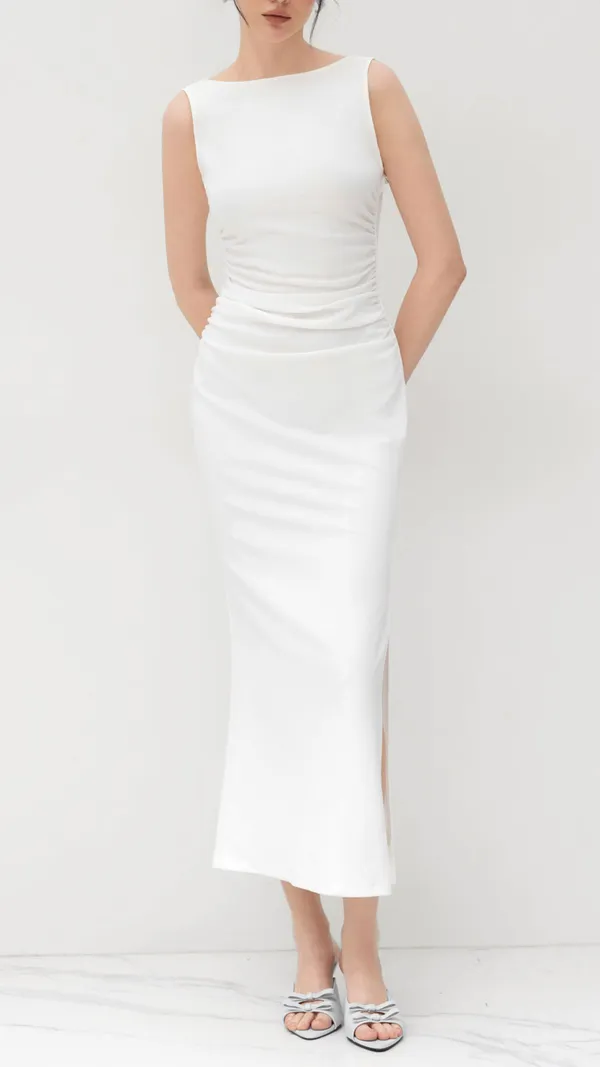 Boat_Neck_Solid_Ruched_Split_Maxi_Dress