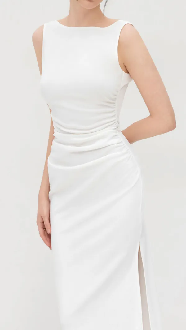 Boat_Neck_Solid_Ruched_Split_Maxi_Dress