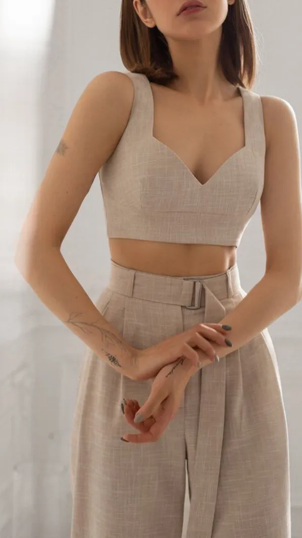 Beige_Crop_Top_With_Flared_Formal_Pants_For_Women