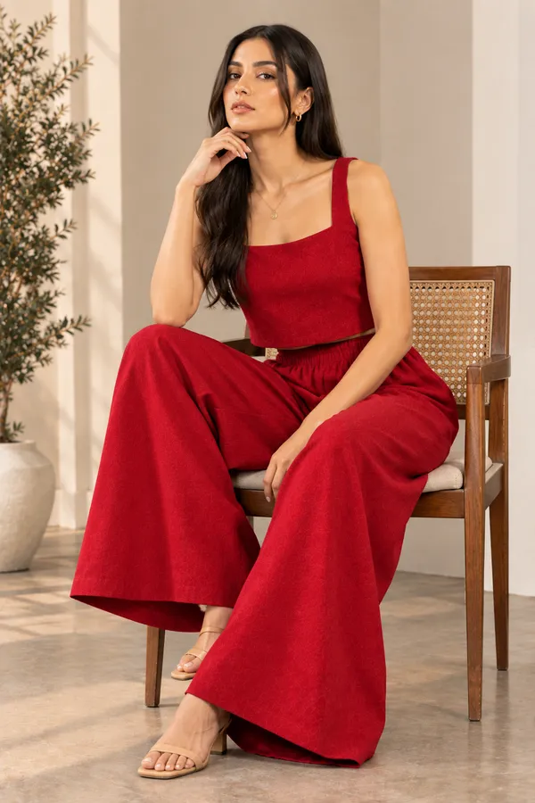 Red_Square_Neck_Top_And_Wide_Leg_Pants_Set_For_Women