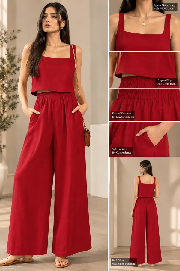 Red_Square_Neck_Top_And_Wide_Leg_Pants_Set_For_Women