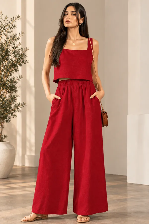 Red_Square_Neck_Top_And_Wide_Leg_Pants_Set_For_Women