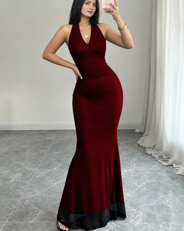 Backless_Mermaid_Long_Dress_with_Mesh_Halter_Neck_In_Red