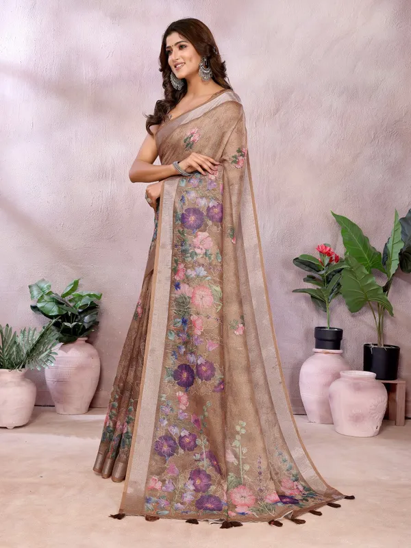 Coffee_Brown_Floral_Linen_Shimmer_Saree_For_Women