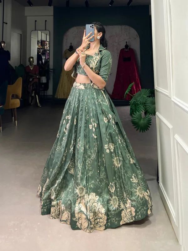 Green_Tussar_Silk_Floral_Print_Blooming_With_Charm_Wedding_Collection_With_Koti_Lehenga_Choli_For_Women