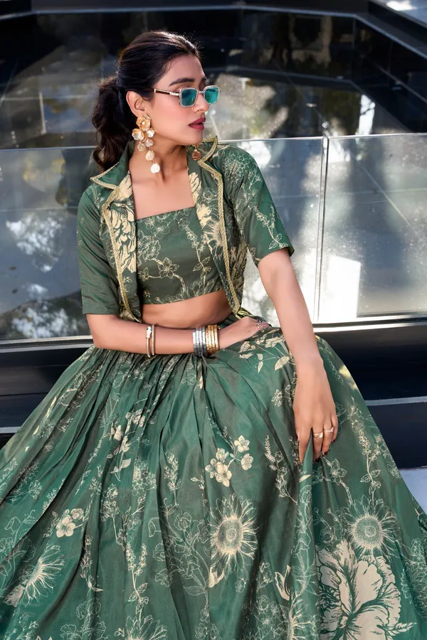Green_Tussar_Silk_Floral_Print_Blooming_With_Charm_Wedding_Collection_With_Koti_Lehenga_Choli_For_Women