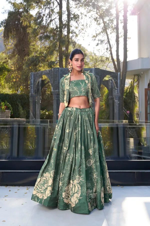 Green_Tussar_Silk_Floral_Print_Blooming_With_Charm_Wedding_Collection_With_Koti_Lehenga_Choli_For_Women
