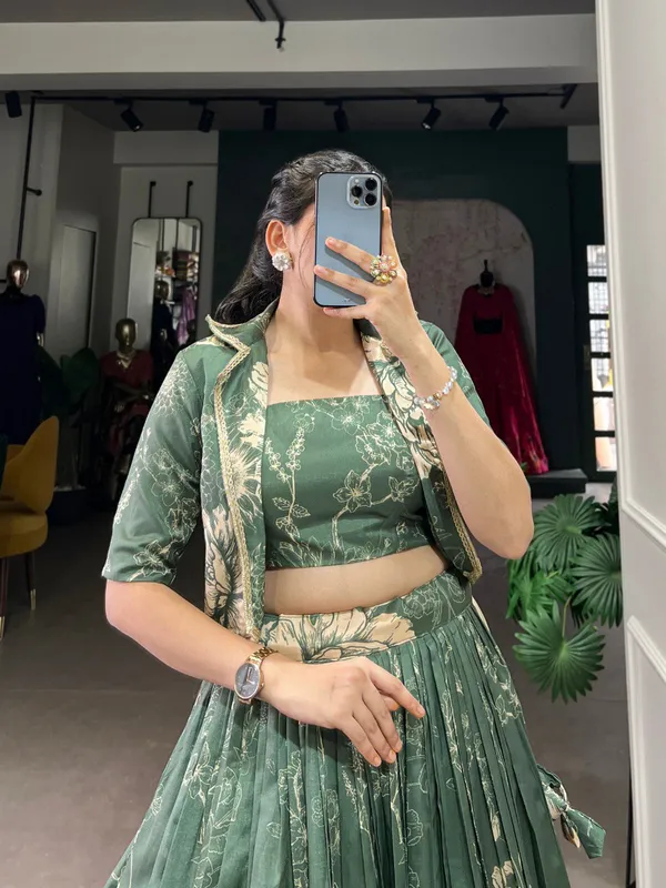 Green_Tussar_Silk_Floral_Print_Blooming_With_Charm_Wedding_Collection_With_Koti_Lehenga_Choli_For_Women