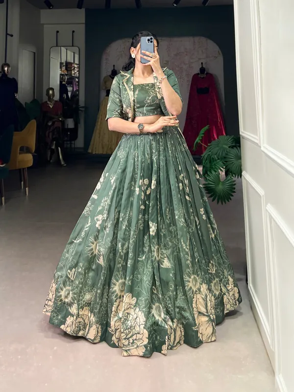 Green_Tussar_Silk_Floral_Print_Blooming_With_Charm_Wedding_Collection_With_Koti_Lehenga_Choli_For_Women