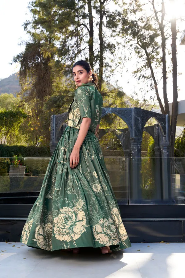Green_Tussar_Silk_Floral_Print_Blooming_With_Charm_Wedding_Collection_With_Koti_Lehenga_Choli_For_Women