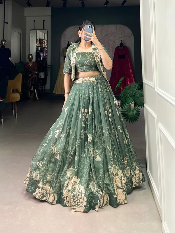 Green_Tussar_Silk_Floral_Print_Blooming_With_Charm_Wedding_Collection_With_Koti_Lehenga_Choli_For_Women