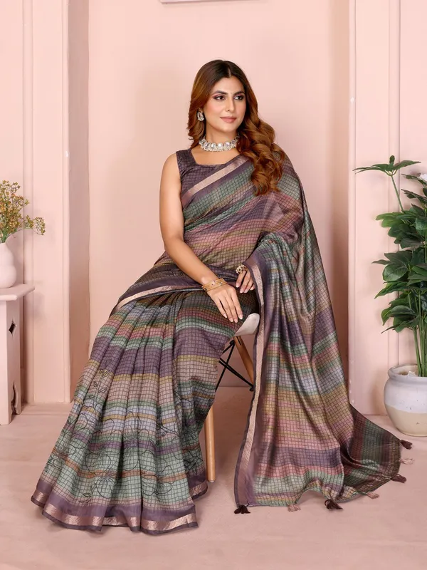 Pastel_Multicolor_Checked_Chanderi_Saree_For_Women