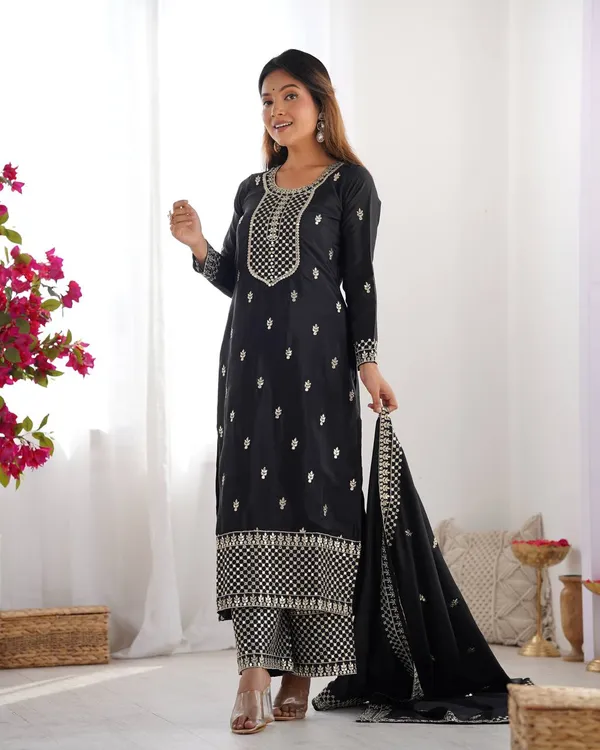 Black_New_Beautiful_Pure_Chinon_Silk_Fabric_Straight_Fit_Kurta_With_Duppata_Set_And_Trousers_|_READY_TO_WEAR
