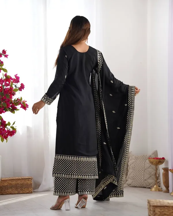 Black_New_Beautiful_Pure_Chinon_Silk_Fabric_Straight_Fit_Kurta_With_Duppata_Set_And_Trousers_|_READY_TO_WEAR