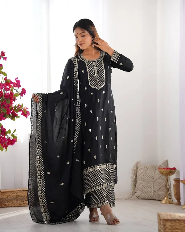 Black_New_Beautiful_Pure_Chinon_Silk_Fabric_Straight_Fit_Kurta_With_Duppata_Set_And_Trousers_|_READY_TO_WEAR