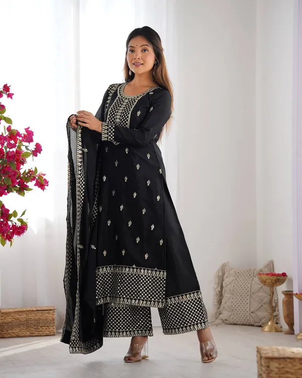 Black_New_Beautiful_Pure_Chinon_Silk_Fabric_Straight_Fit_Kurta_With_Duppata_Set_And_Trousers_|_READY_TO_WEAR