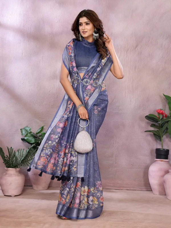 Navy_Blue_Floral_Linen_Shimmer_Saree_For_Women