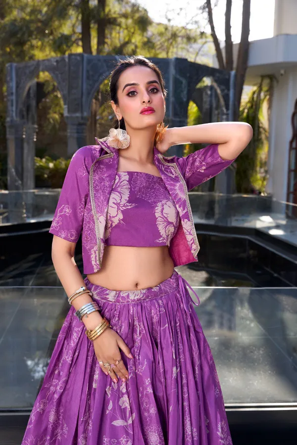 Purple_Tussar_Silk_Floral_Print_Blooming_With_Charm_Wedding_Collection_With_Koti_Lehenga_Choli_For_Women