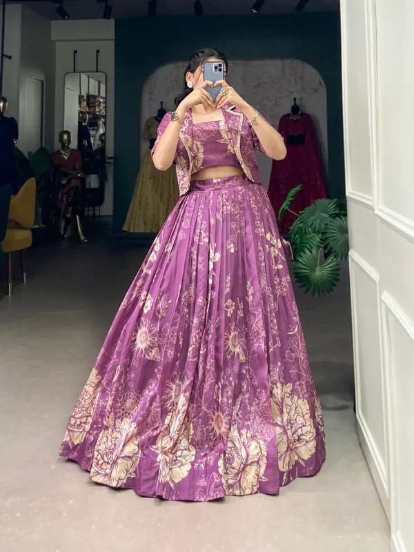 Purple_Tussar_Silk_Floral_Print_Blooming_With_Charm_Wedding_Collection_With_Koti_Lehenga_Choli_For_Women