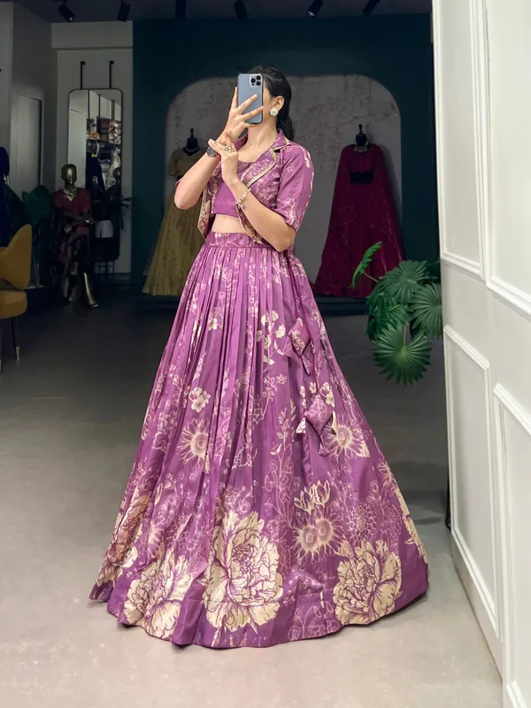 Purple_Tussar_Silk_Floral_Print_Blooming_With_Charm_Wedding_Collection_With_Koti_Lehenga_Choli_For_Women