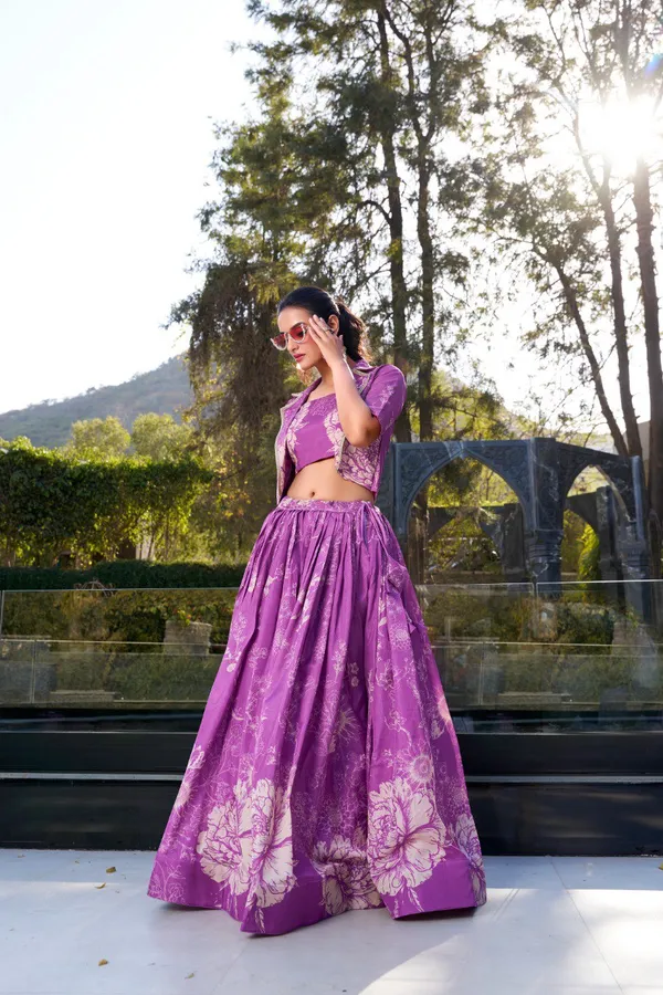Purple_Tussar_Silk_Floral_Print_Blooming_With_Charm_Wedding_Collection_With_Koti_Lehenga_Choli_For_Women