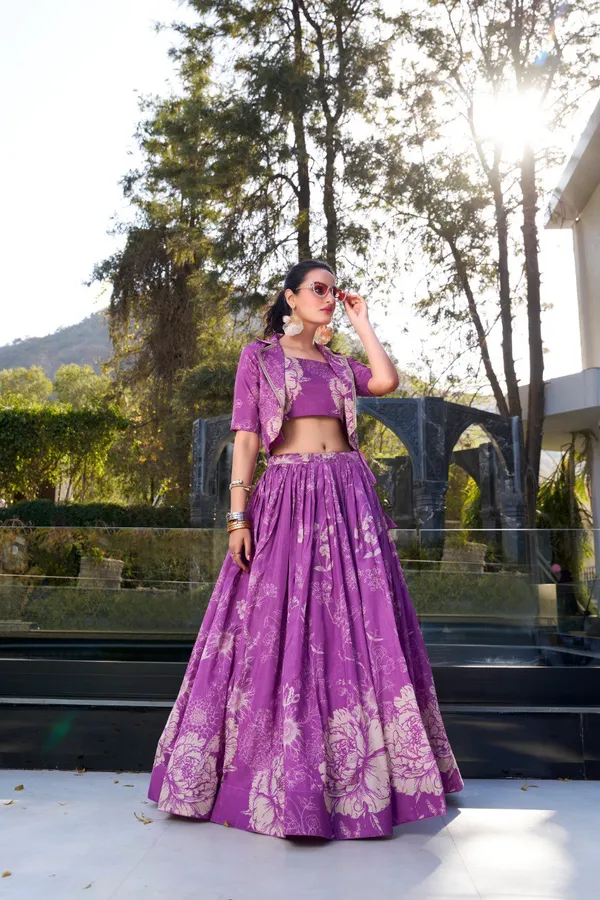 Purple_Tussar_Silk_Floral_Print_Blooming_With_Charm_Wedding_Collection_With_Koti_Lehenga_Choli_For_Women