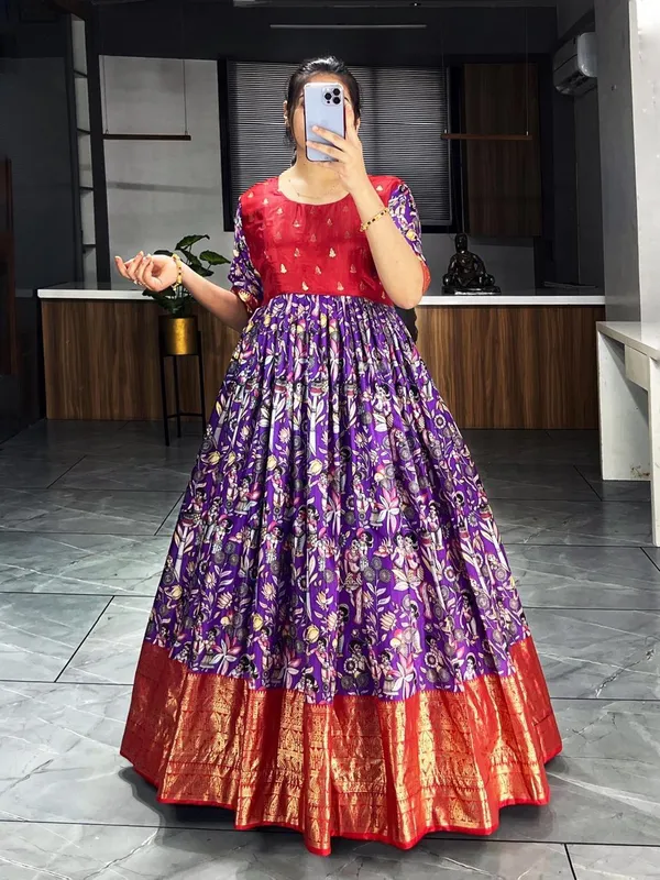 Purple_Premium_Kalamkari_Soft_Dola_Silk_Gown_with_Foil_Work_Border_–_Adjustable_Free_Size_Gown_Collections