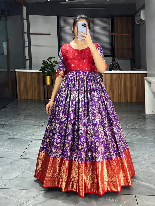 Purple_Premium_Kalamkari_Soft_Dola_Silk_Gown_with_Foil_Work_Border_–_Adjustable_Free_Size_Gown_Collections