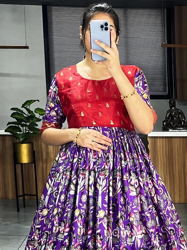 Purple_Premium_Kalamkari_Soft_Dola_Silk_Gown_with_Foil_Work_Border_–_Adjustable_Free_Size_Gown_Collections