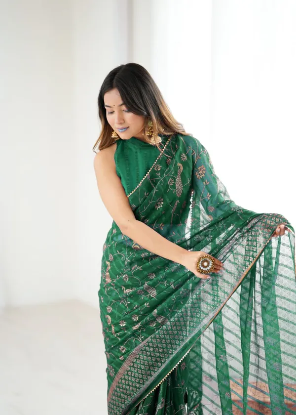 Green_Solo_Georgette_With_Foil_Print_and_Fancy_Zalar_Lace_Designer_Saree