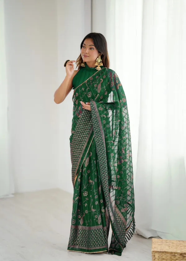 Green_Solo_Georgette_With_Foil_Print_and_Fancy_Zalar_Lace_Designer_Saree