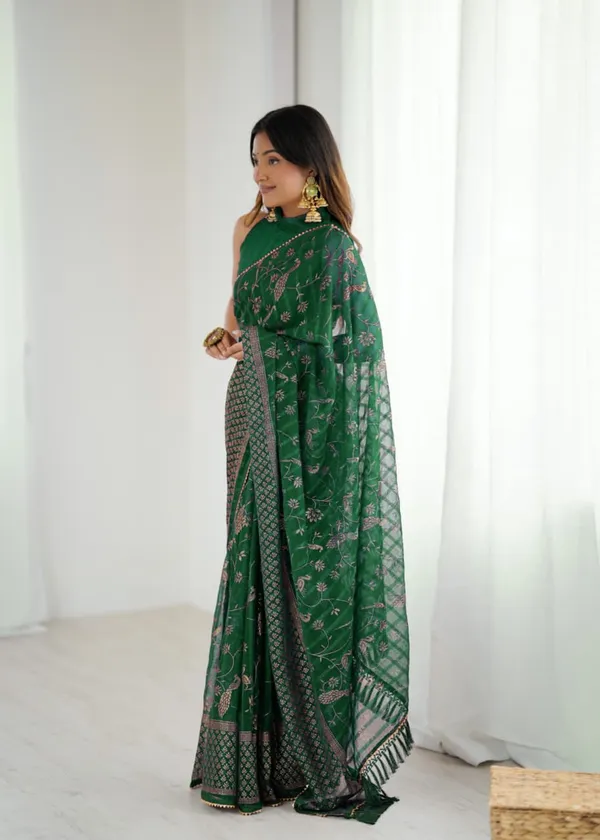 Green_Solo_Georgette_With_Foil_Print_and_Fancy_Zalar_Lace_Designer_Saree