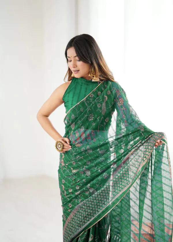 Green_Solo_Georgette_With_Foil_Print_and_Fancy_Zalar_Lace_Designer_Saree