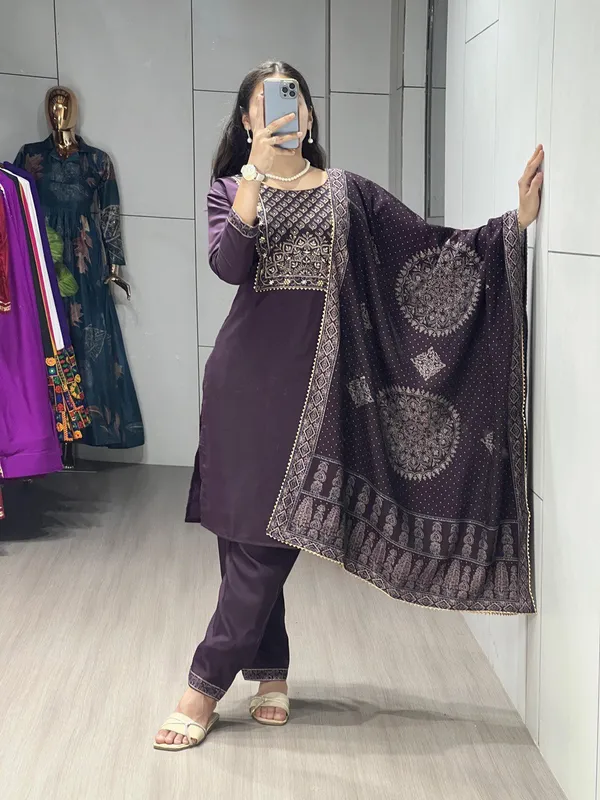Wine_Pure_Modal_Chanderi_Kurti_Pair_With_Foil_Print_And_Handwork_For_Women