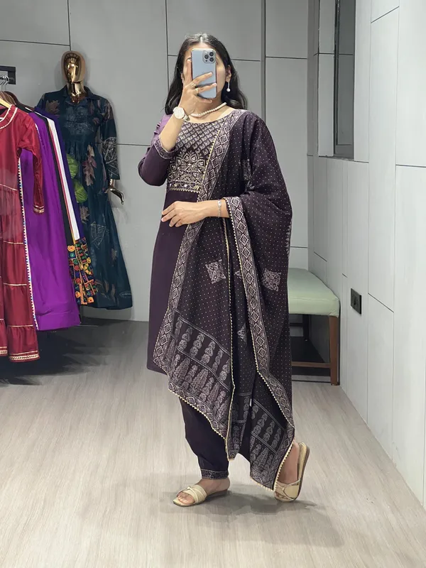 Wine_Pure_Modal_Chanderi_Kurti_Pair_With_Foil_Print_And_Handwork_For_Women