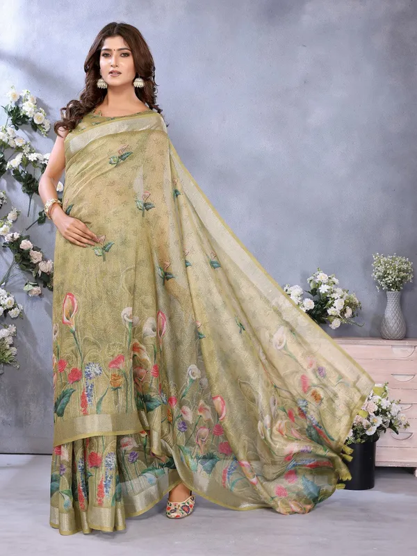 Olive_Green_Floral_Printed_Saree_For_Women