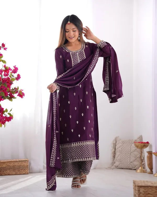 Wine_New_Beautiful_Pure_Chinon_Silk_Fabric_Straight_Fit_Kurta_With_Duppata_Set_And_Trousers_|_READY_TO_WEAR