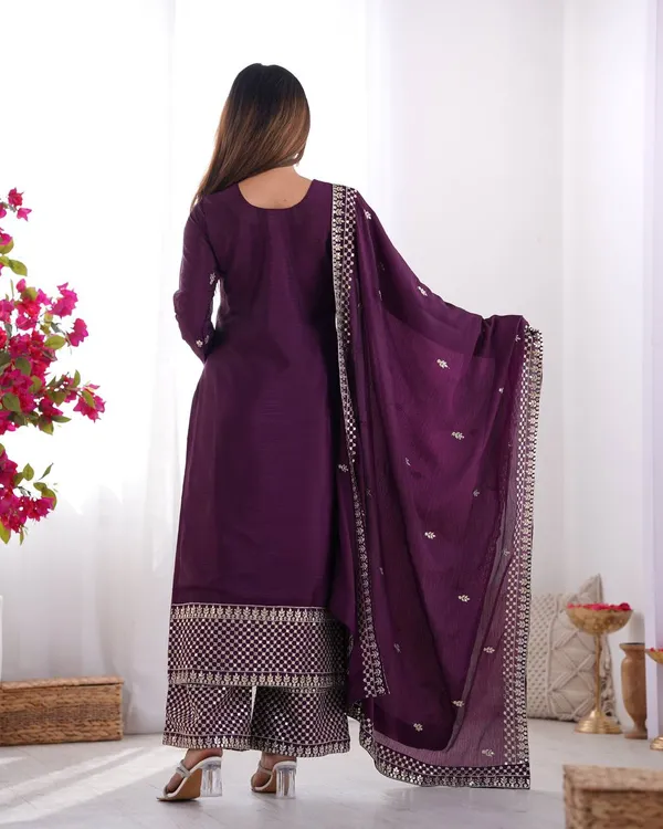 Wine_New_Beautiful_Pure_Chinon_Silk_Fabric_Straight_Fit_Kurta_With_Duppata_Set_And_Trousers_|_READY_TO_WEAR