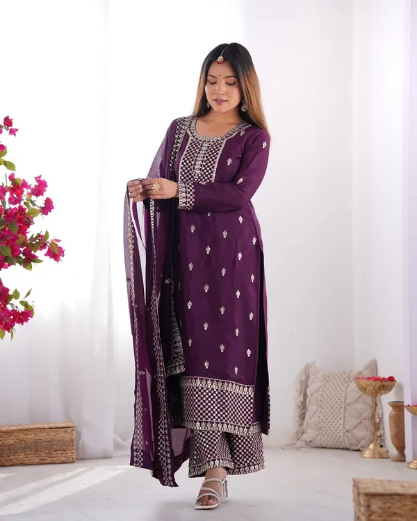 Wine_New_Beautiful_Pure_Chinon_Silk_Fabric_Straight_Fit_Kurta_With_Duppata_Set_And_Trousers_|_READY_TO_WEAR