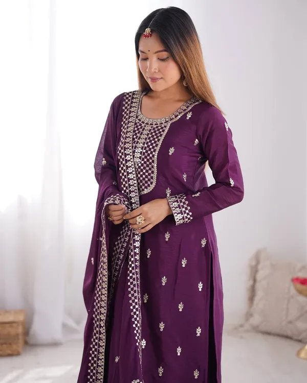 Wine_New_Beautiful_Pure_Chinon_Silk_Fabric_Straight_Fit_Kurta_With_Duppata_Set_And_Trousers_|_READY_TO_WEAR