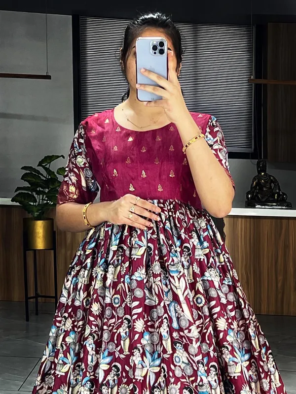 Wine_Premium_Kalamkari_Soft_Dola_Silk_Gown_with_Foil_Work_Border_–_Adjustable_Free_Size_Gown_Collections