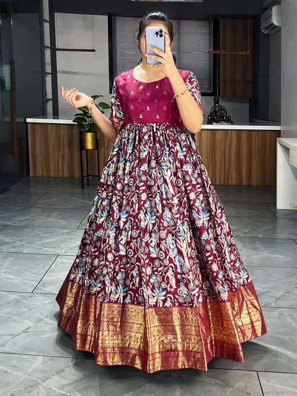 Wine_Premium_Kalamkari_Soft_Dola_Silk_Gown_with_Foil_Work_Border_–_Adjustable_Free_Size_Gown_Collections