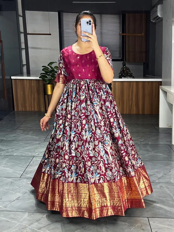 Wine_Premium_Kalamkari_Soft_Dola_Silk_Gown_with_Foil_Work_Border_–_Adjustable_Free_Size_Gown_Collections