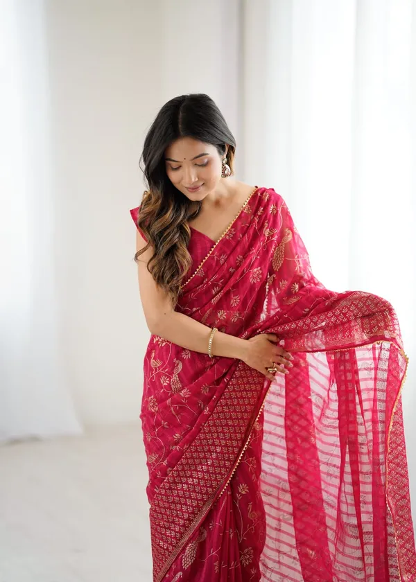 Red_Solo_Georgette_With_Foil_Print_and_Fancy_Zalar_Lace_Designer_Saree