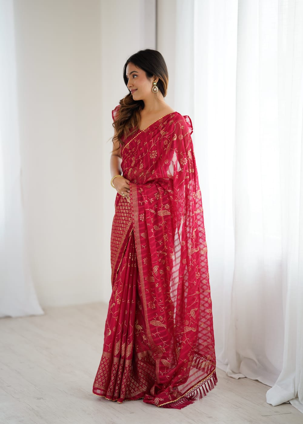 Red_Solo_Georgette_With_Foil_Print_and_Fancy_Zalar_Lace_Designer_Saree