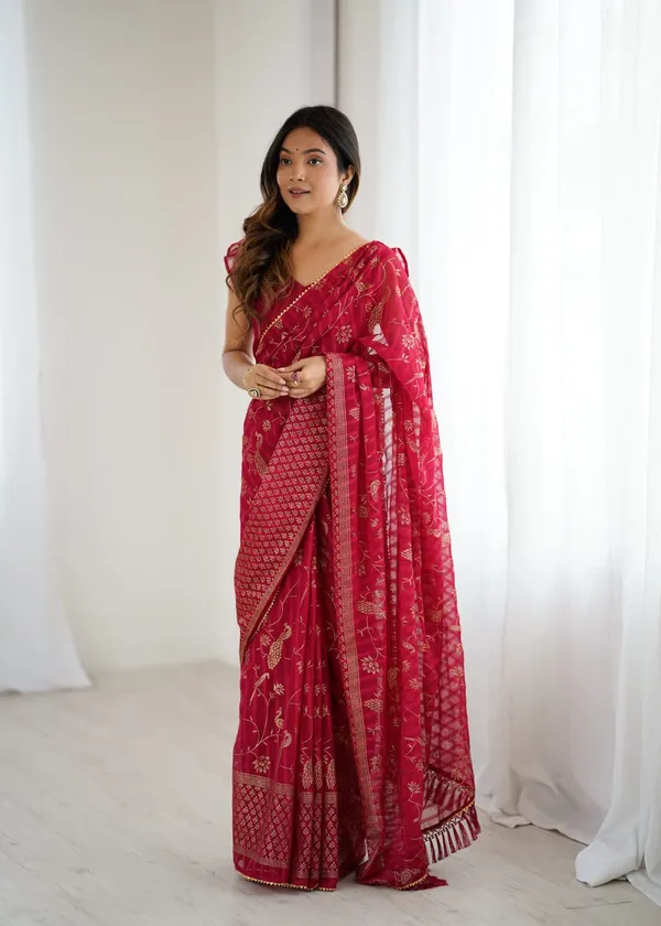 Red_Solo_Georgette_With_Foil_Print_and_Fancy_Zalar_Lace_Designer_Saree