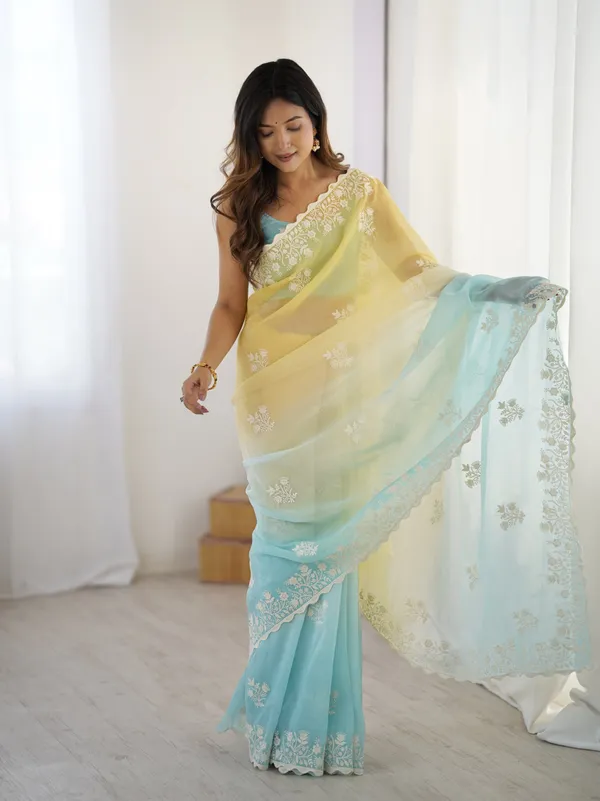 Yellow_&_Sky_Blue_Trendy_Crunchy_Pedding_With_Heavy_Cotton_Thread_Embroidery_Work_Saree
