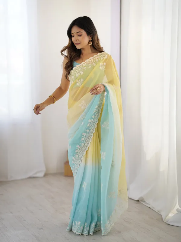 Yellow_&_Sky_Blue_Trendy_Crunchy_Pedding_With_Heavy_Cotton_Thread_Embroidery_Work_Saree