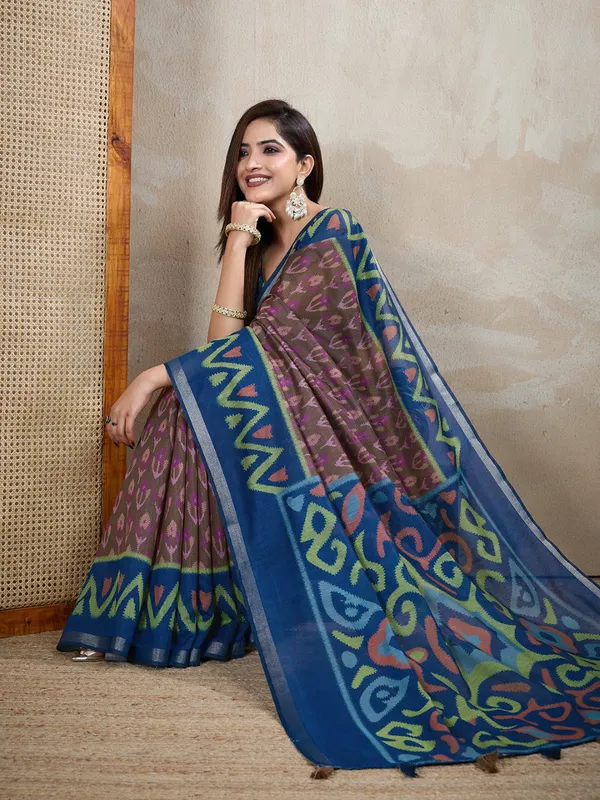 Brown_&_Blue_Ikat_Printed_Chanderi_Saree_For_Women