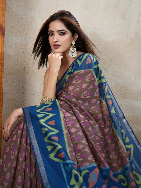 Brown_&_Blue_Ikat_Printed_Chanderi_Saree_For_Women